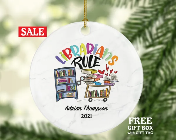Librarian Christmas Ornament Personalized, Library Worker Bookworm Gift Custom Name