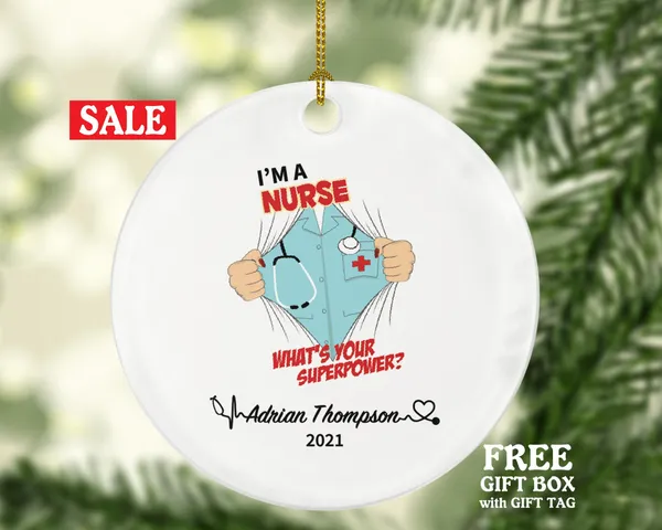 Nurse Super Power Christmas Ornament Personalized - Nursing Registered Male Nurse Health Worker Gift from Patient for RN Custom Medical