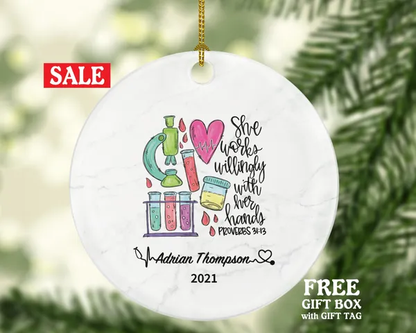 Lab Tech Christmas Ornament Personalized - Phlebotomist Gift, Healthcare Worker Essential Employee Appreciation, Hospital Worker