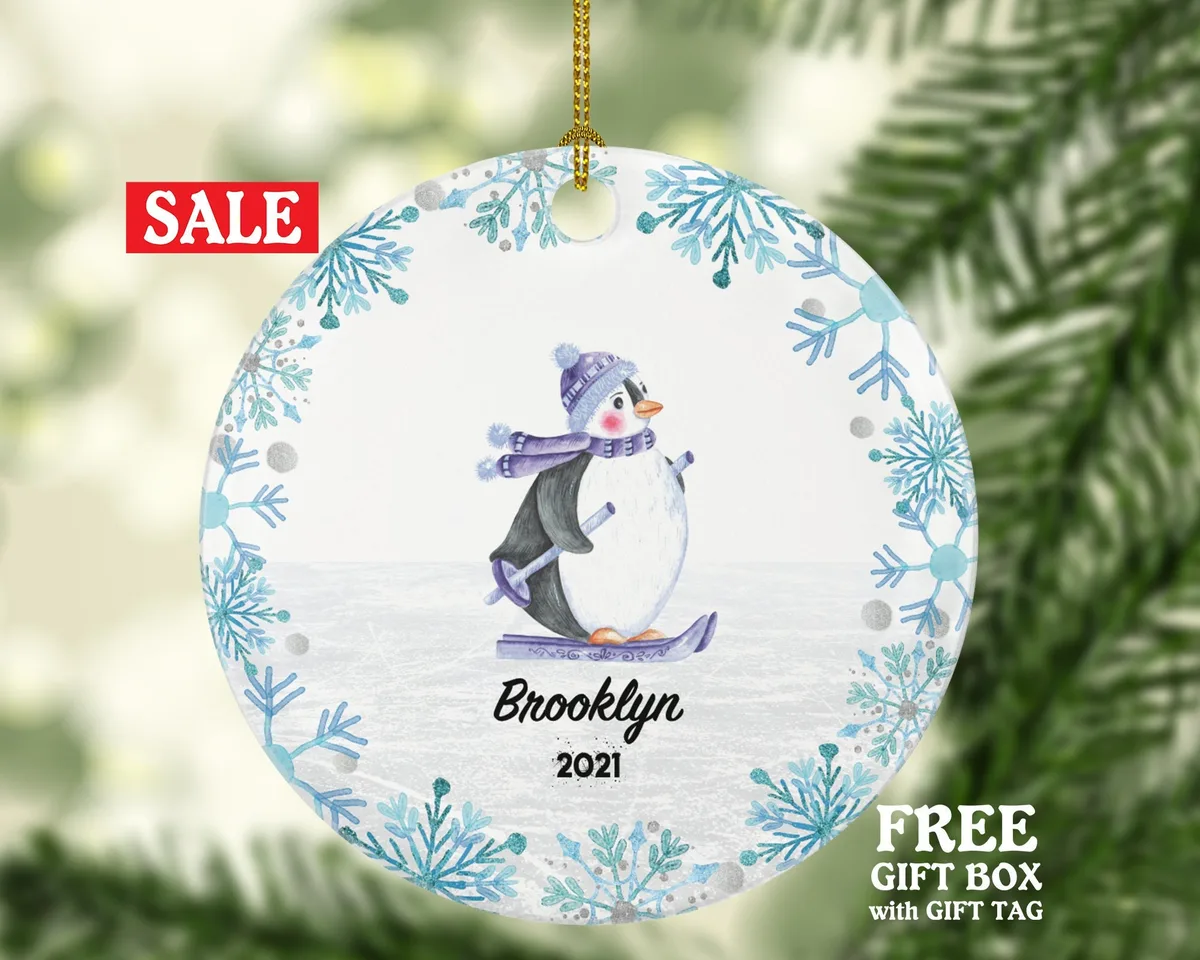 Skier Skiing Christmas Ornament, Ski Trip Vacation, Winter Sports Penguin Personalized Gift Sports Hobby Occupation