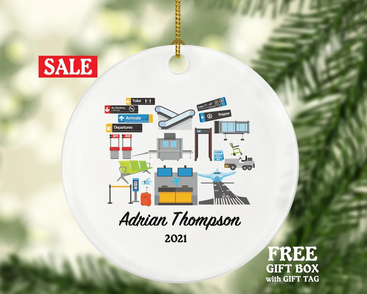 Airport Worker Pilot Christmas Ornament - Personalized Airport Planner Operations Manager Aeronautical Engineer Flight Attendant Dispatcher