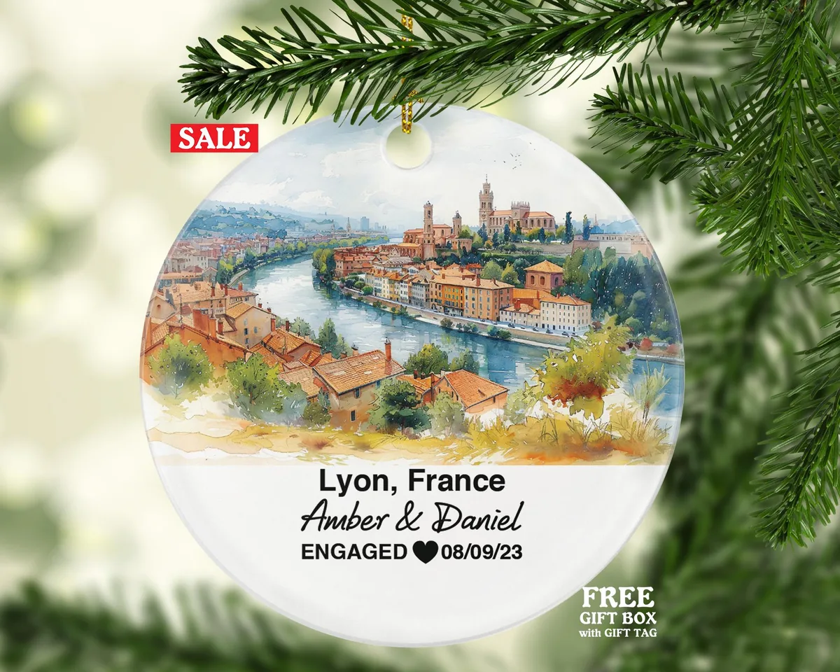 Personalized Lyon France Christmas Ornament, Rhône River, Basilica of Notre-Dame, Mr & Mrs Wedding, Engagement, or Honeymoon Keepsake for Couples