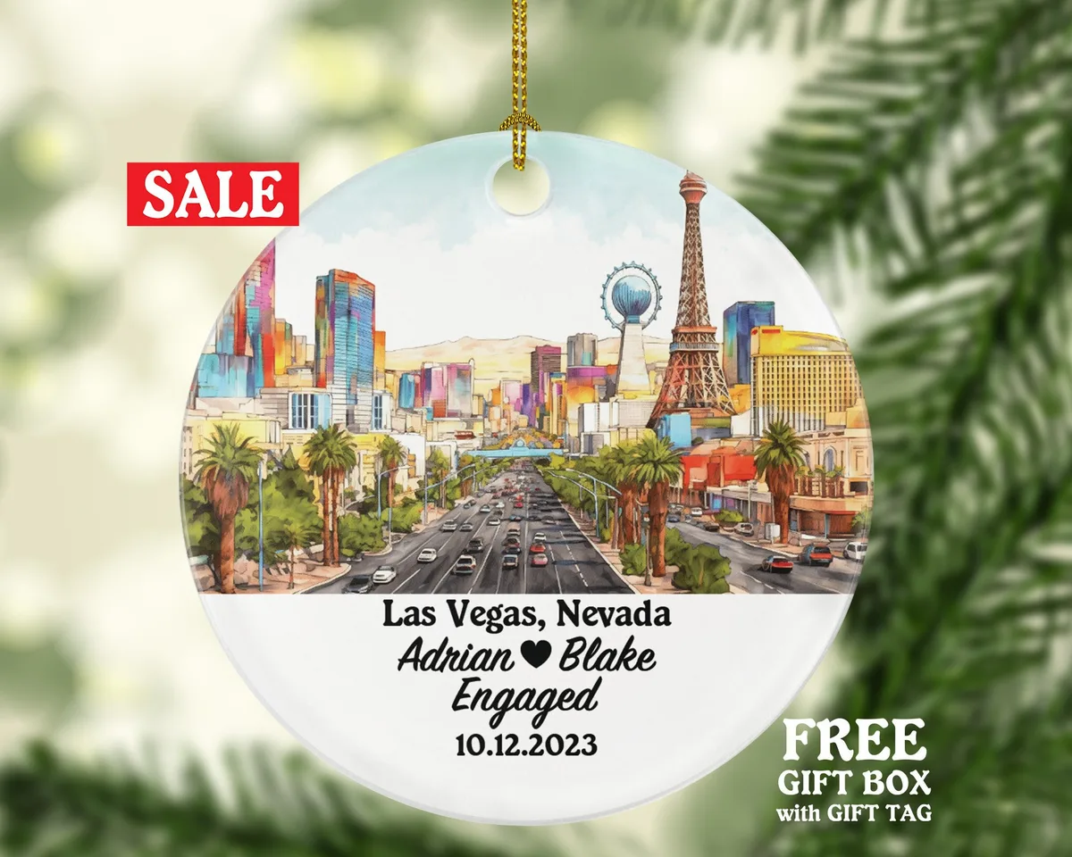 Las Vegas Nevada Christmas Ornament Personalized - NV Engaged Married Family Together Couple Travel Honeymoon Wedding Engagement Marriage