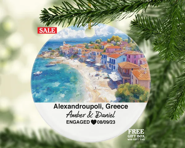 Alexandroupoli Greece Round Ceramic Christmas Ornament – Personalized Holiday Keepsake, Custom Couple Gift for Wedding or Honeymoon