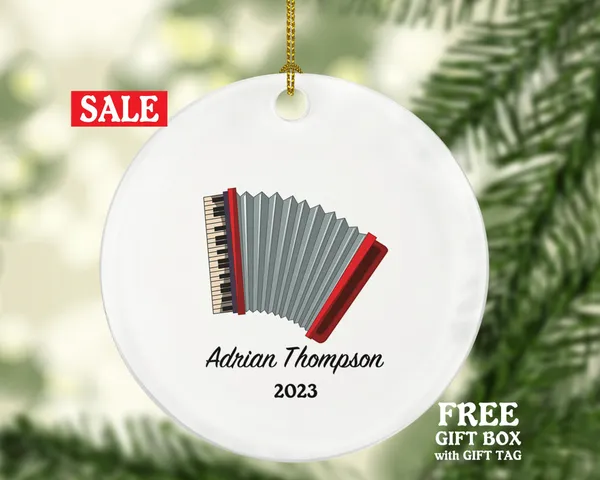 Accordion Instrument Watercolor Design Christmas Ornament Personalized - Musical Instrument Player Music Lover Holiday Gift for Musician