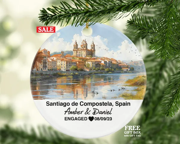 Santiago de Compostela Spain Round Ceramic Christmas Ornament – Personalized Holiday Keepsake, Custom Couple Gift for Wedding or Honeymoon