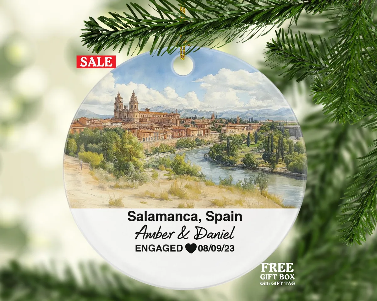 Salamanca Spain Round Ceramic Christmas Ornament – Personalized Holiday Keepsake, Custom Couple Gift for Wedding or Honeymoon