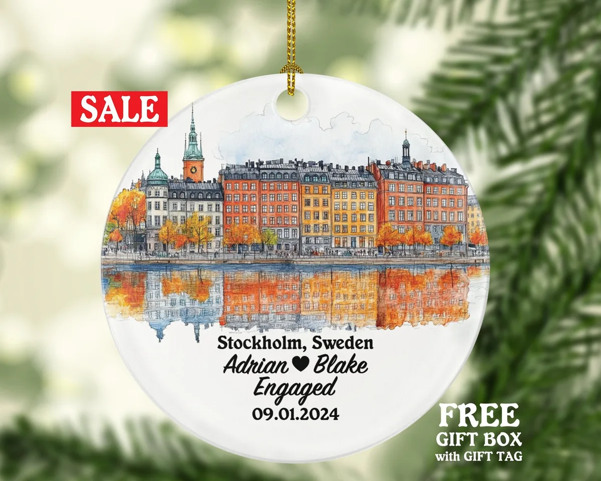 Stockholm Christmas Ornament Personalized - Sweden Engaged Married Family Together Couple Travel Honeymoon Engagement Marriage