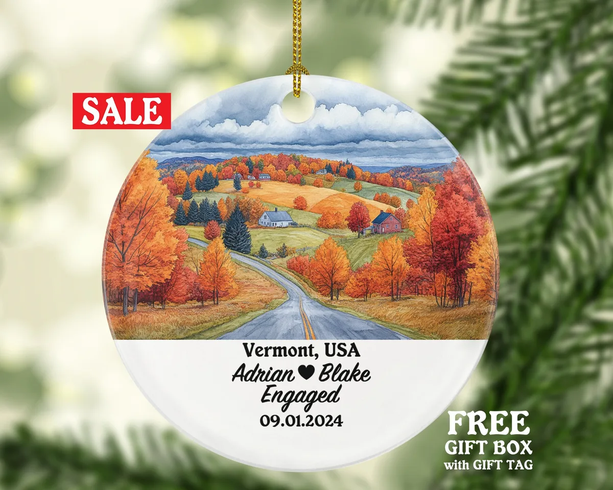 Vermont Christmas Ornament Personalized - VT Engaged Married Family Together Couple Travel Honeymoon Engagement Marriage
