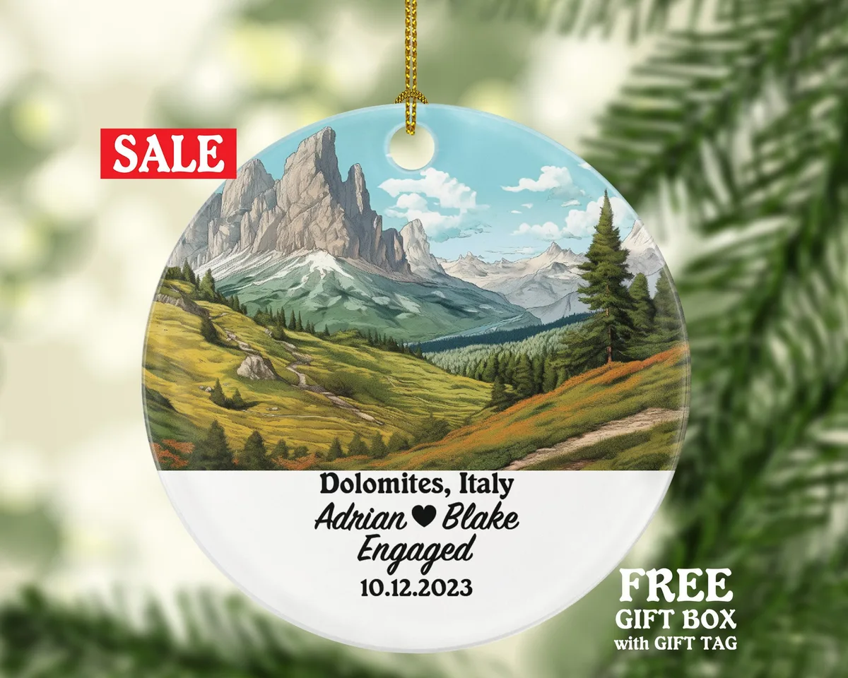 Dolomites Italy Christmas Ornament Personalized - Engaged Married Family Together Couple Travel Honeymoon Wedding Engagement Marriage
