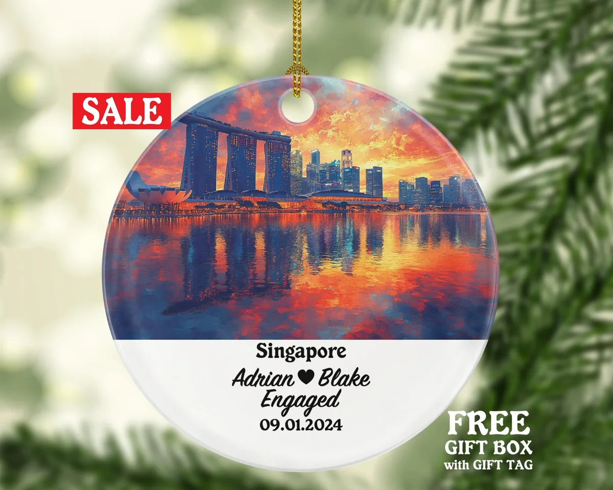 Singapore Christmas Ornament Personalized - Engaged Married Family Together Couple Travel Honeymoon Engagement Marriage
