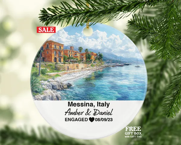 Custom Messina Italy Christmas Ornament, Astronomical Clock, Piazza del Duomo, Personalized Couple Gift, Celebrate Wedding, Engagement, Honeymoon