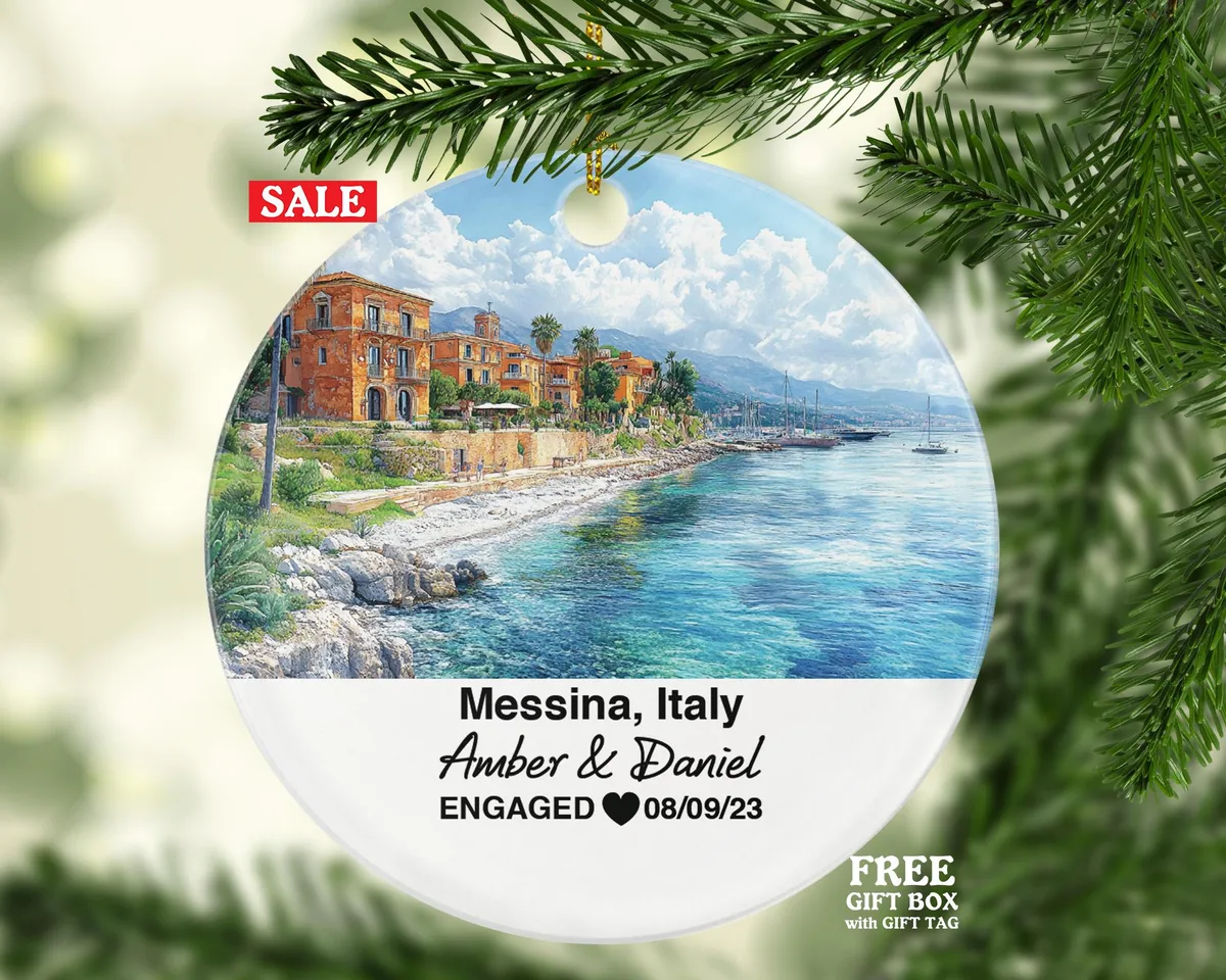 Custom Messina Italy Christmas Ornament, Astronomical Clock, Piazza del Duomo, Personalized Couple Gift, Celebrate Wedding, Engagement, Honeymoon
