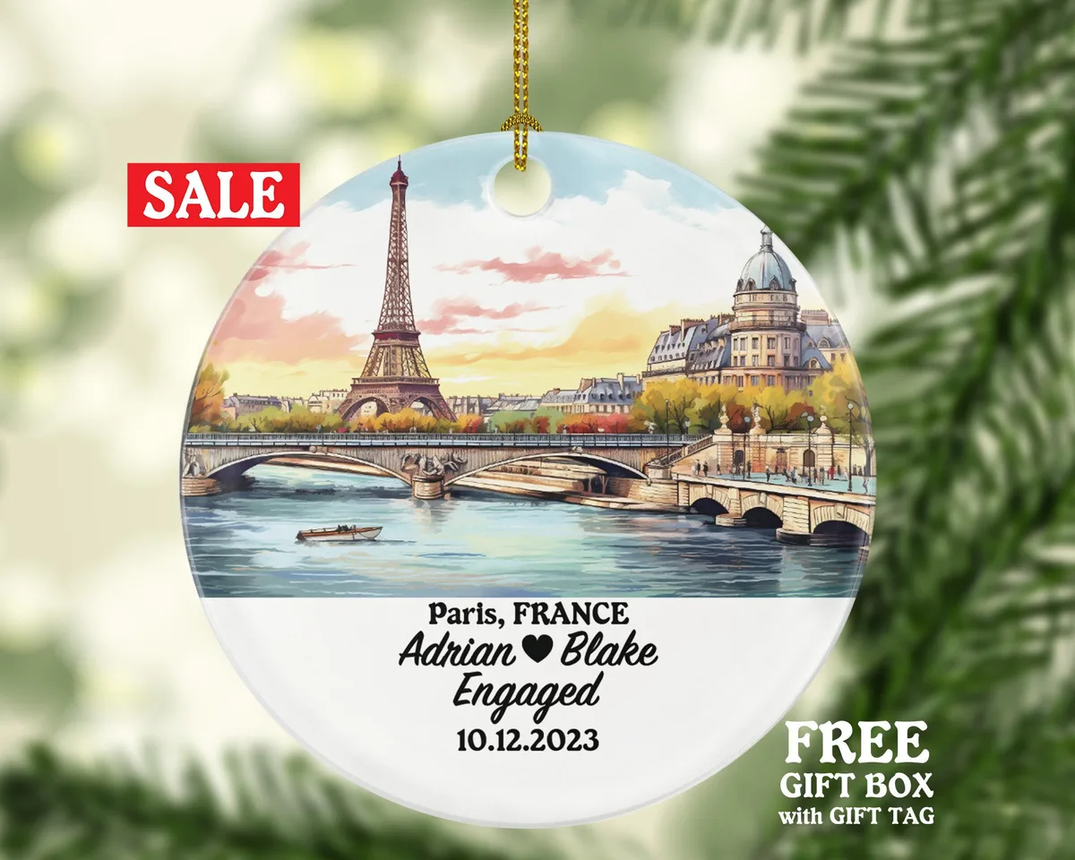 Paris France Christmas Ornament Personalized - Engaged Married Family Together Couple Travel Honeymoon Wedding Engagement Marriage