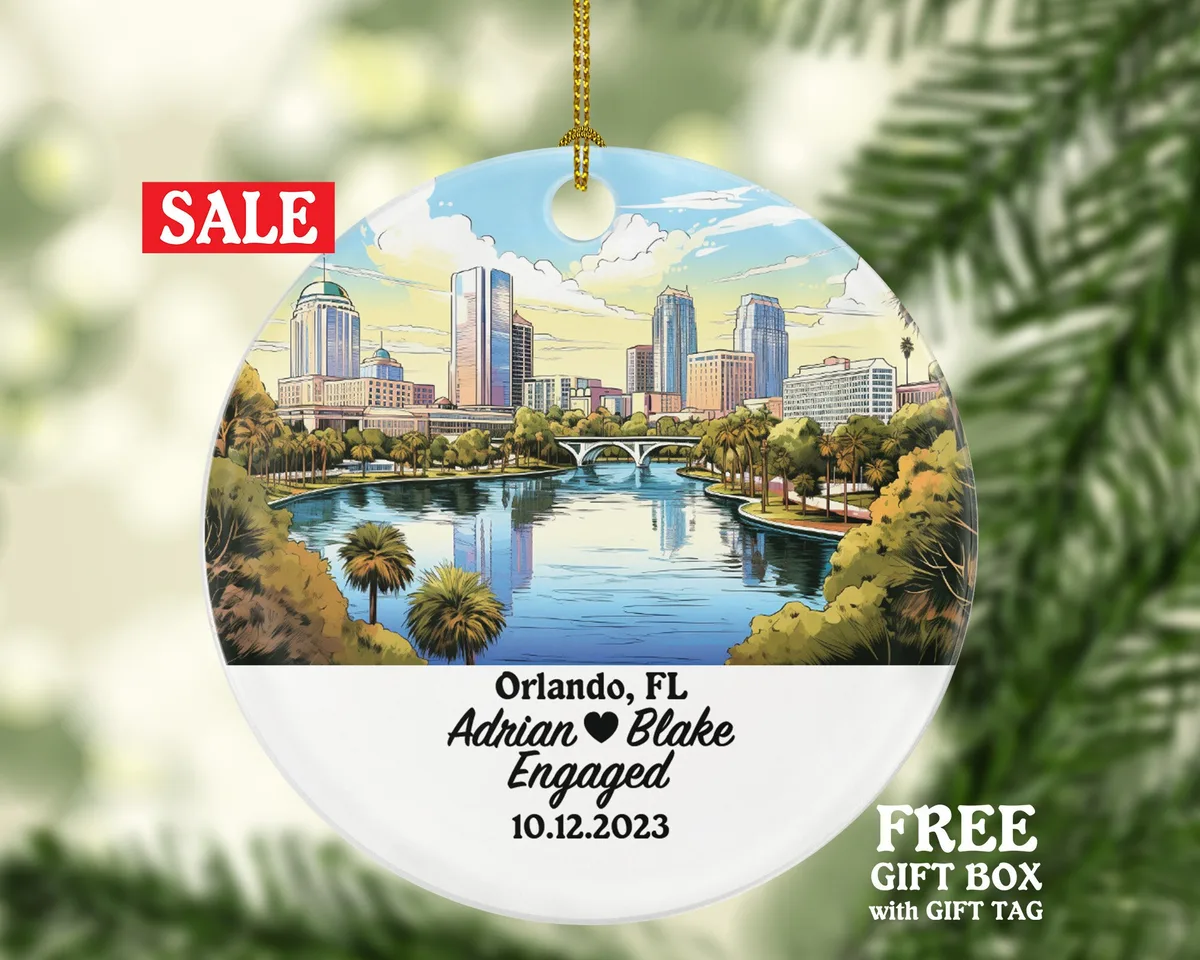 Orlando Florida Christmas Ornament Personalized, FL Engaged Married Family Together Couple Travel Honeymoon Wedding Engagement Marriage