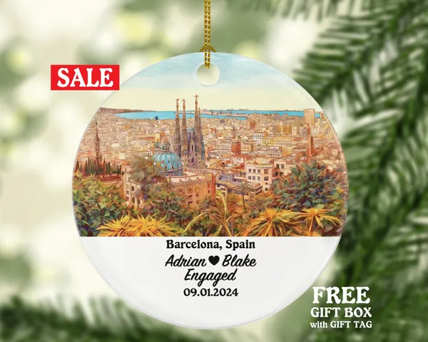 Barcelona Christmas Ornament Personalized - Spain Engaged Married Family Together Couple Travel Honeymoon Engagement Marriage
