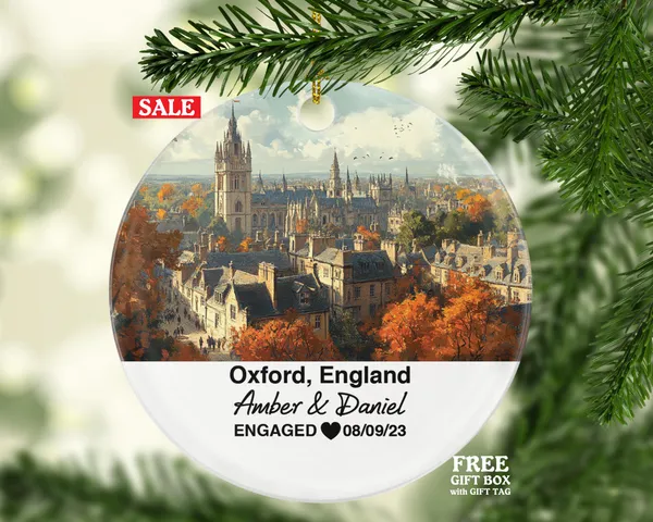 Oxford England Round Ceramic Christmas Ornament – Personalized University Architecture Keepsake, Custom Couple Gift for Wedding or Honeymoon