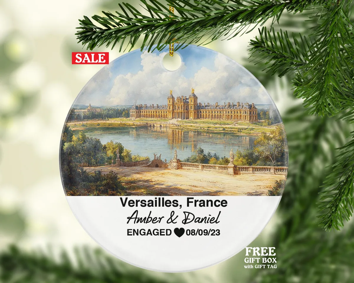Personalized Versailles France Christmas Ornament, Château de Versailles, Royal Gardens, Mr & Mrs Wedding, Engagement, or Honeymoon Keepsake for Couples