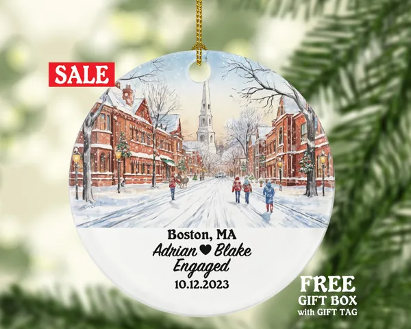Boston MA Christmas Ornament Personalized - Engaged Married Family Together Couple Travel Honeymoon Wedding Engagement Marriage