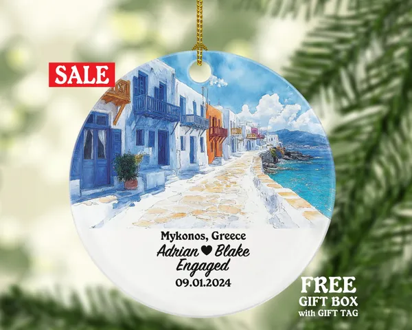 Mykonos Christmas Ornament Personalized - Greece Engaged Married Family Together Couple Travel Honeymoon Engagement Marriage
