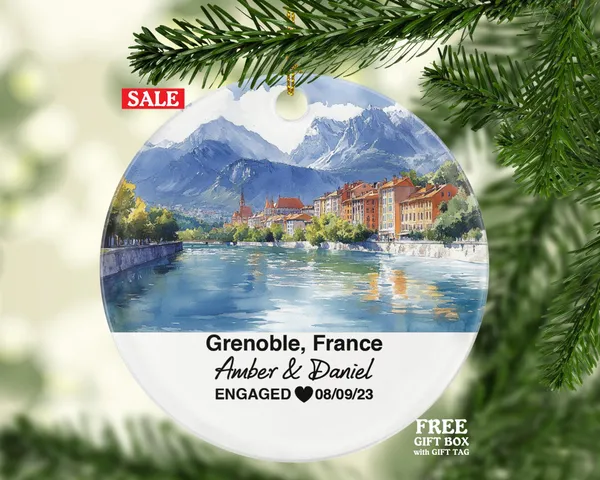 Personalized Grenoble France Christmas Ornament, Bastille Fortress, Isère River, Mr & Mrs Wedding, Engagement, or Honeymoon Keepsake
