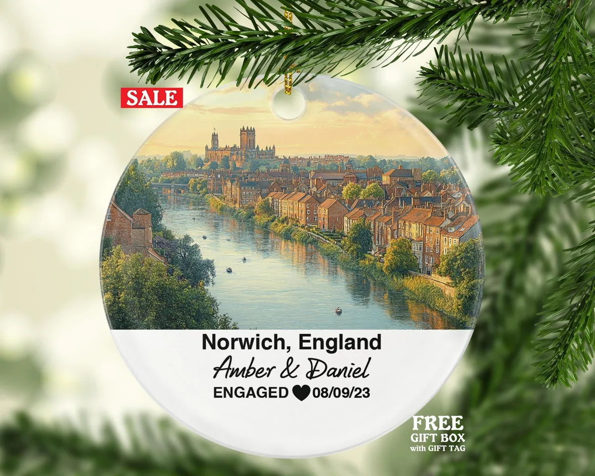 Norwich England Round Ceramic Christmas Ornament – Personalized United Kingdom Keepsake, Custom Couple Gift for Wedding or Honeymoon