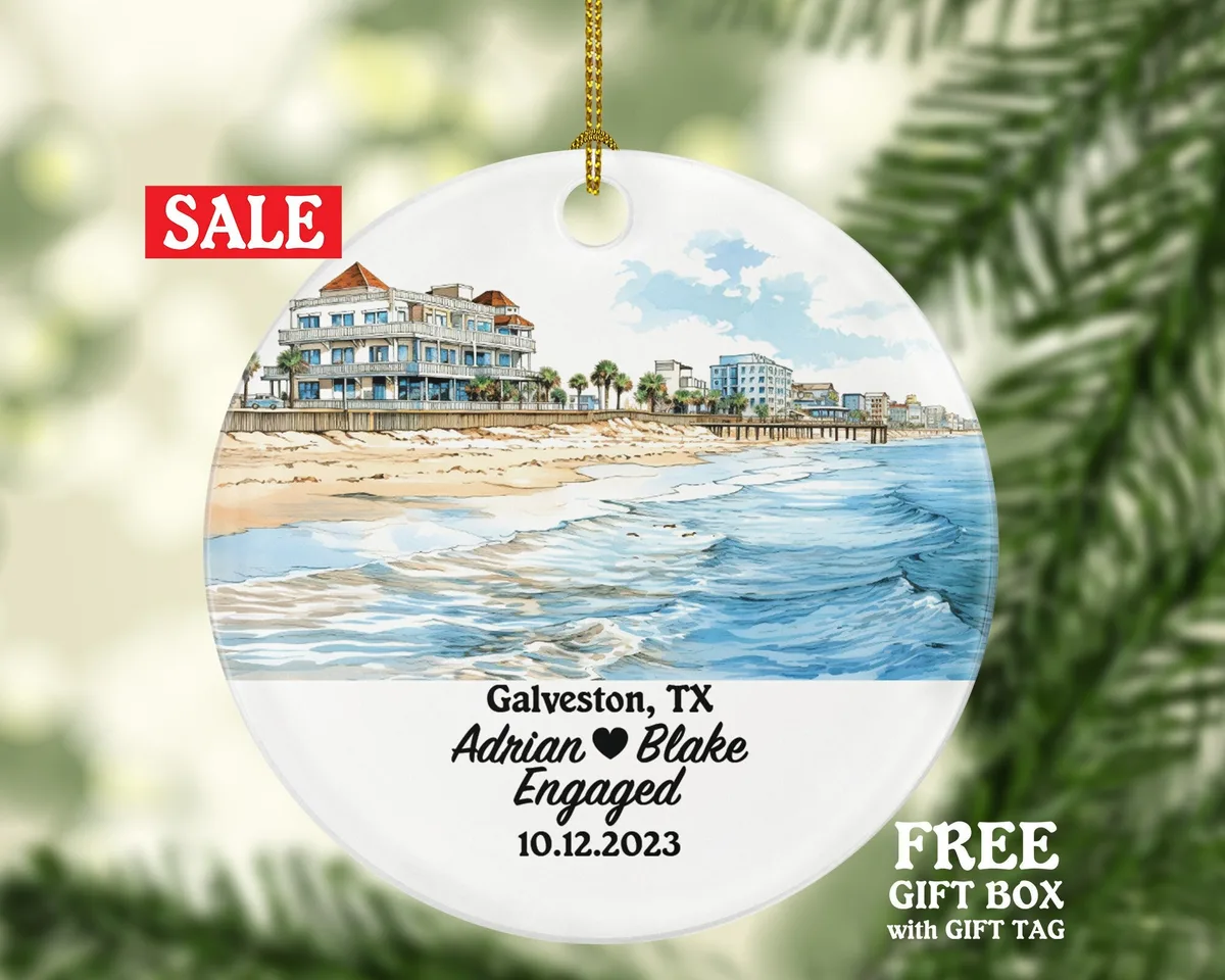 Galveston Texas Christmas Ornament Personalized - TX Engaged Married Family Together Couple Travel Honeymoon Wedding Engagement Marriage