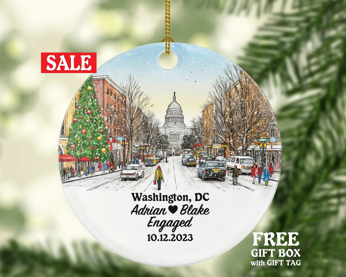 Washington DC Christmas Ornament Personalized - Engaged Married Family Together Couple Travel Honeymoon Wedding Engagement Marriage