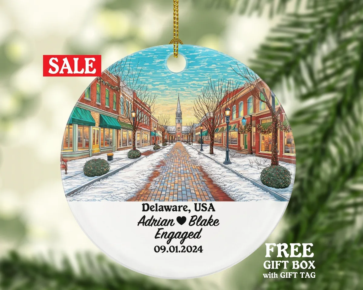 Delaware Christmas Ornament Personalized - DE Engaged Married Family Together Couple Travel Honeymoon Engagement Marriage
