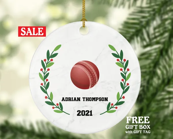 Cricket Ball Christmas Ornament Personalized, Cricket Ball, Custom Name and Year Cricket Ball Christmas Tree Decor