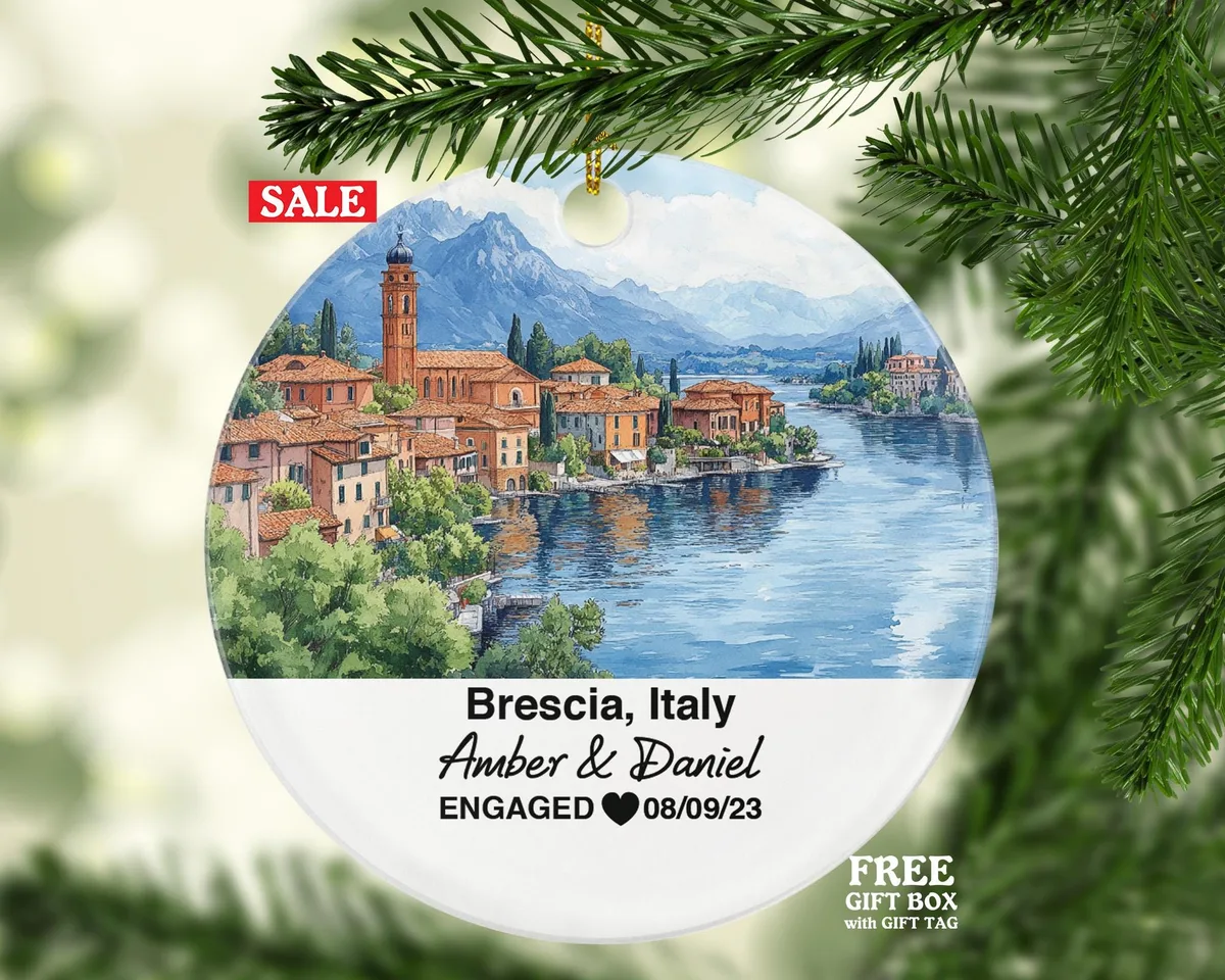 Custom Brescia Italy Christmas Ornament, Piazza della Loggia, Personalized Mr & Mrs Wedding, Engagement, or Honeymoon Keepsake for Couples