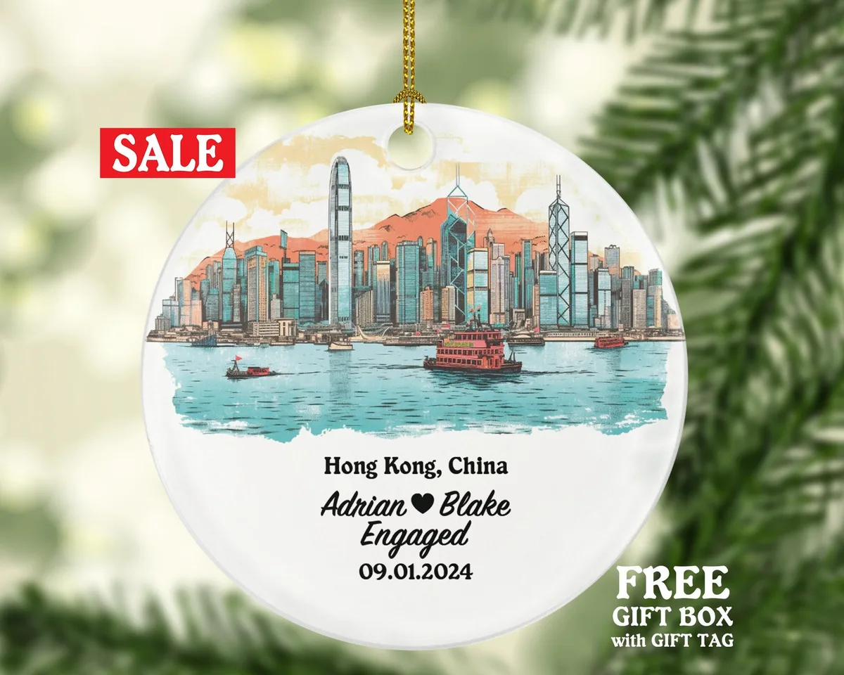 Hong Kong Christmas Ornament Personalized - Engaged Married Family Together Couple Travel Honeymoon Engagement Marriage