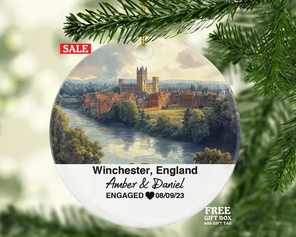 Winchester England Ceramic Christmas Ornament – Personalized United Kingdom Keepsake, Custom Couple Gift for Wedding or Honeymoon