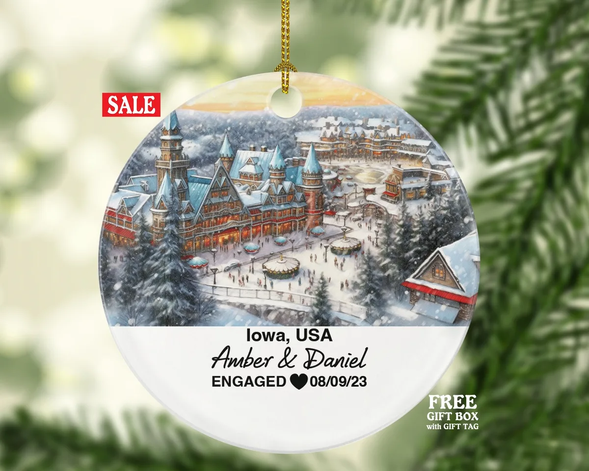 Iowa Christmas Ornament Personalized - IA Engaged Married Family Together Couple Travel Honeymoon Engagement Marriage