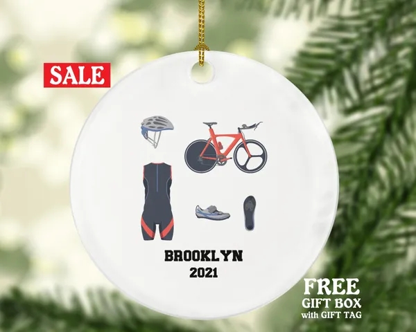 Triathlon Christmas Ornament Personalized - Gift for Triathlete, Run Cycle Bike Swim, Triathlon Equipment