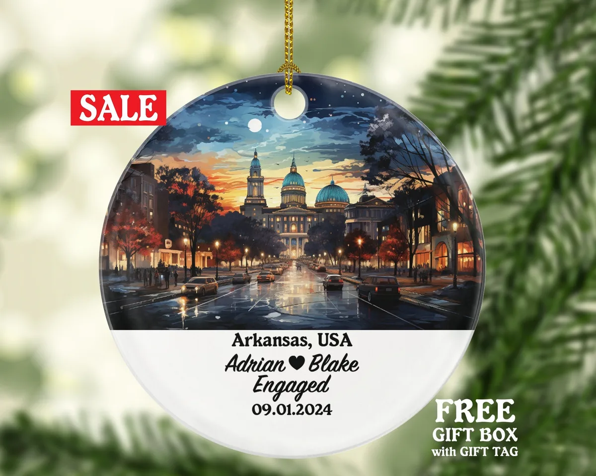 Arkansas Christmas Ornament Personalized - AR Engaged Married Family Together Couple Travel Honeymoon Engagement Marriage