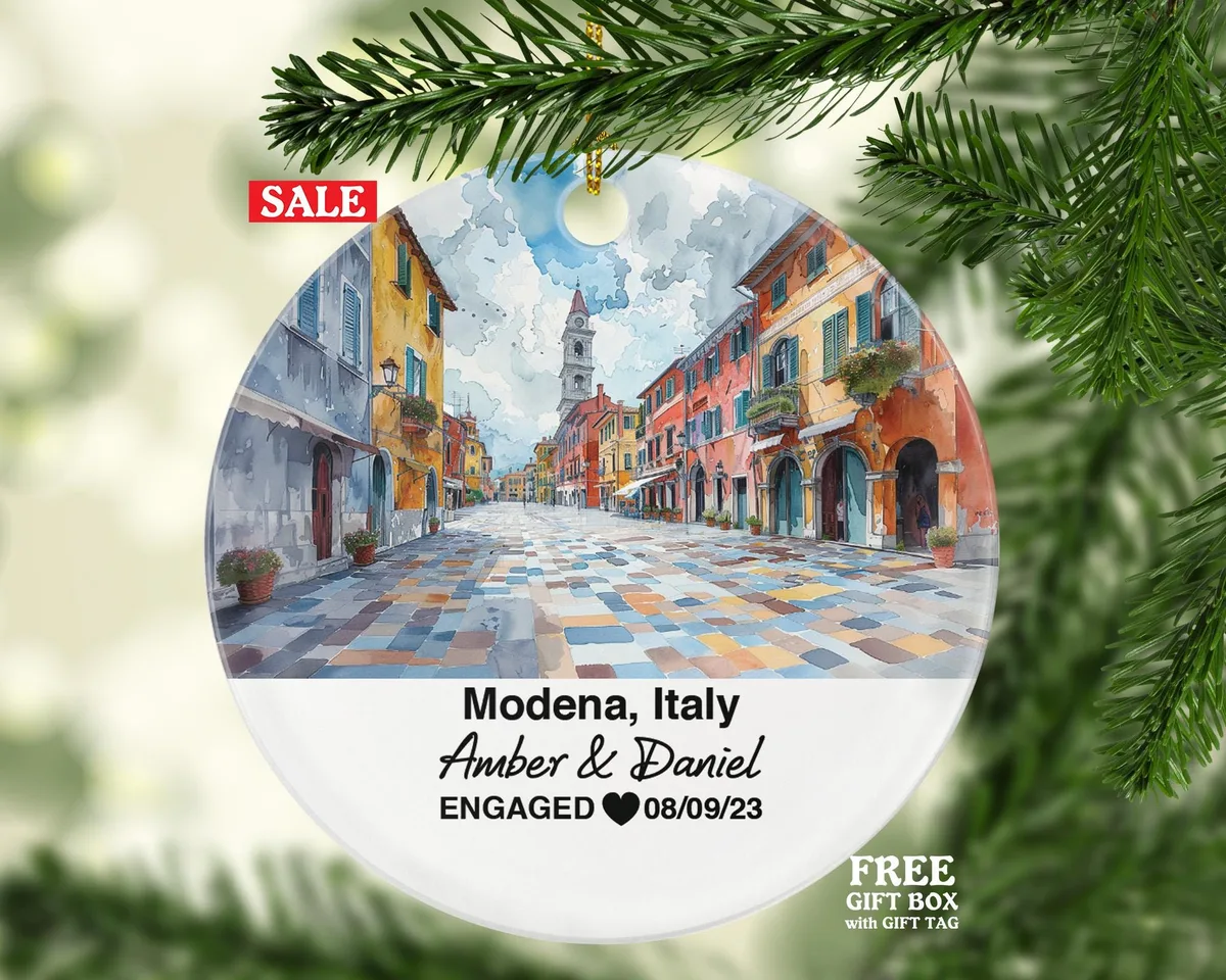 Custom Modena Italy Ornament, Enzo Ferrari Museum, Ghirlandina Tower, Personalized Couple Gift, Celebrate Wedding, Engagement, Honeymoon