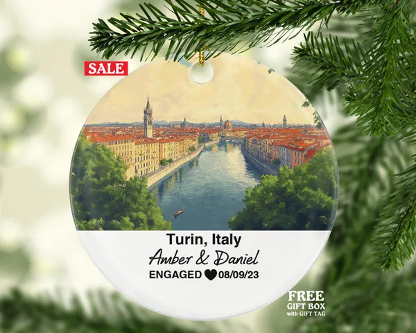 Custom Italy Turin Christmas Ornament, River Po, Alpine Backdrop, Personalized Couple Gift, Celebrate Wedding, Engagement, Honeymoon
