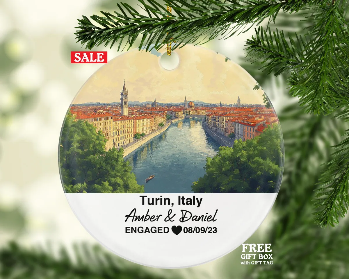 Custom Italy Turin Christmas Ornament, River Po, Alpine Backdrop, Personalized Couple Gift, Celebrate Wedding, Engagement, Honeymoon