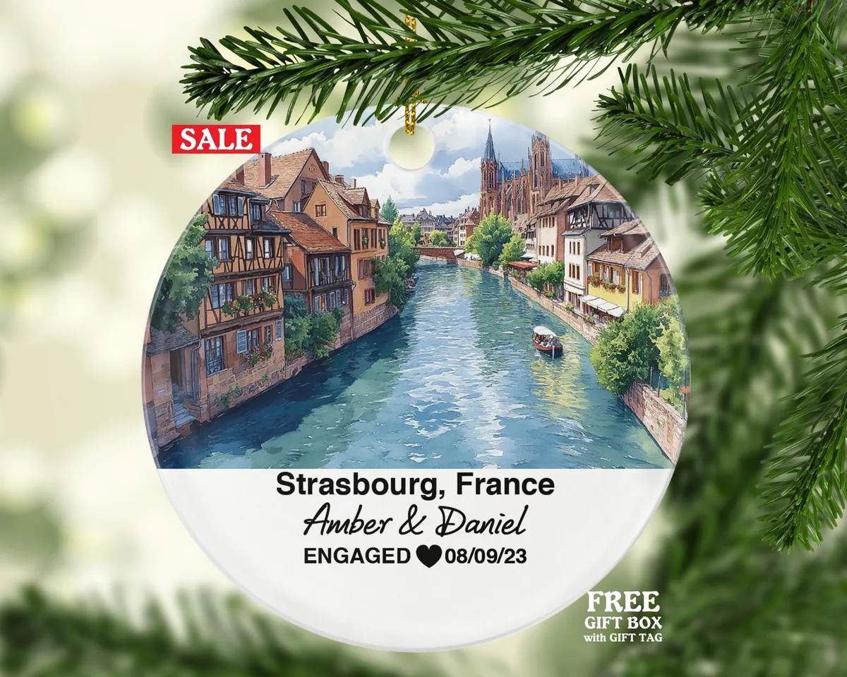 Personalized Strasbourg France Round Ceramic Christmas Ornament – Personalized Holiday Keepsake, Custom Couple Gift for Wedding or Honeymoon