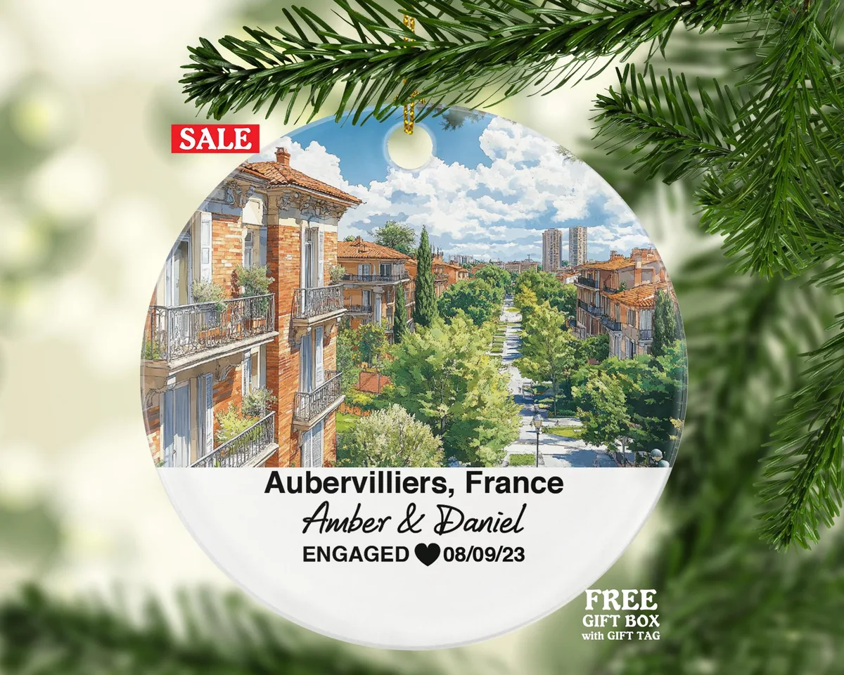 Personalized Aubervilliers France Christmas Ornament, Canal Saint-Denis, Mr & Mrs Wedding, Engagement, or Honeymoon Keepsake for Couples