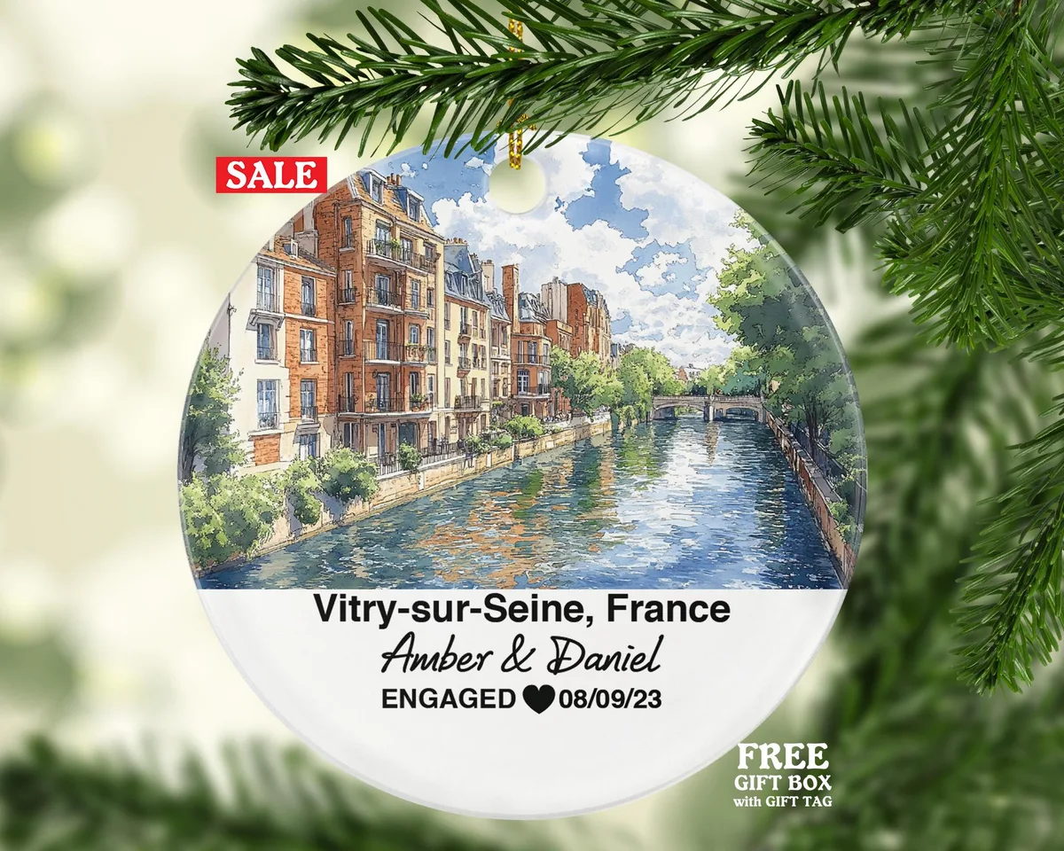 Personalized Vitry-sur-Seine France Christmas Ornament, Street Art, River Seine, Mr & Mrs Wedding, Engagement, or Honeymoon Keepsake for Couples