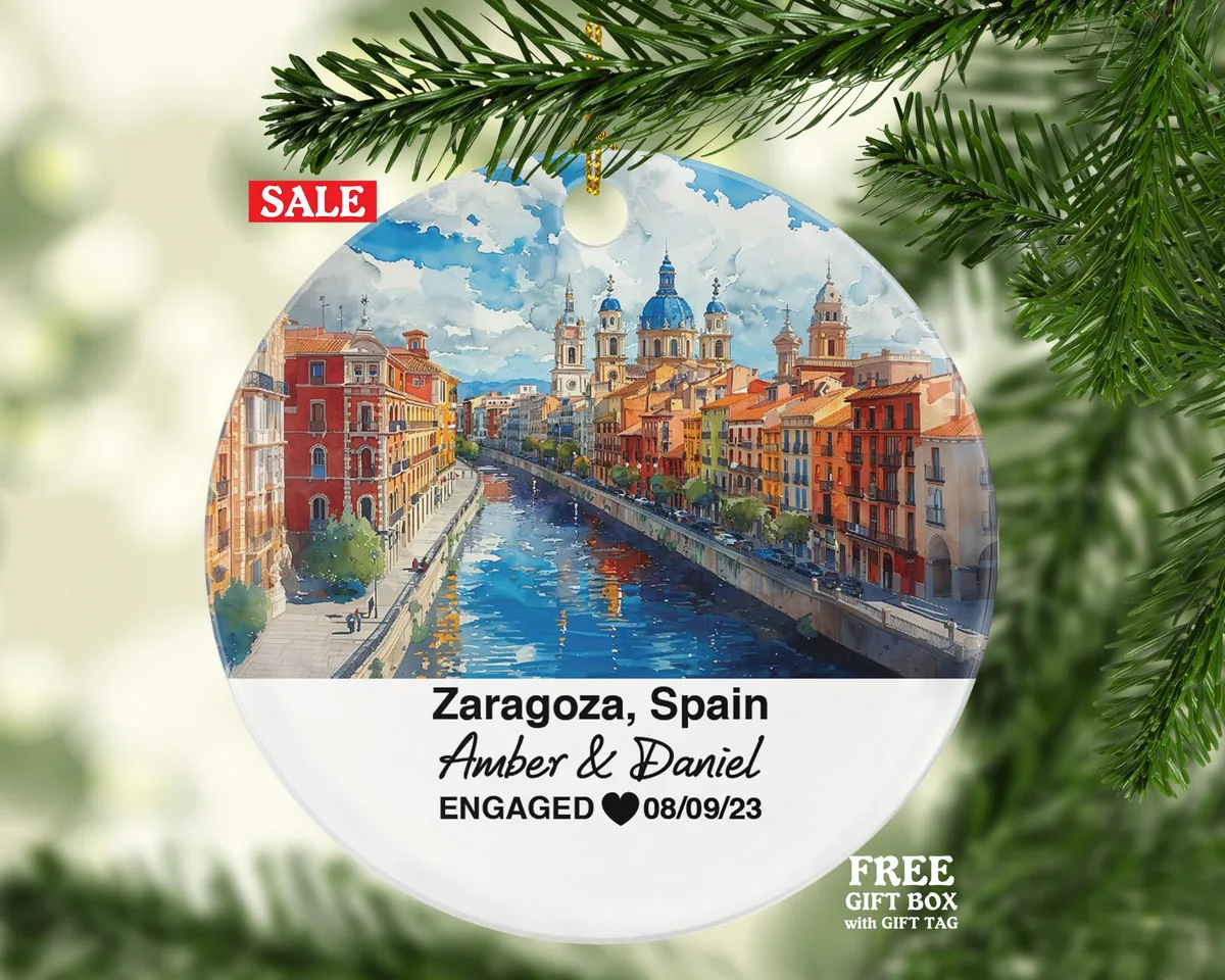 Zaragoza Spain Round Ceramic Christmas Ornament – Personalized Holiday Keepsake, Custom Couple Gift for Wedding or Honeymoon
