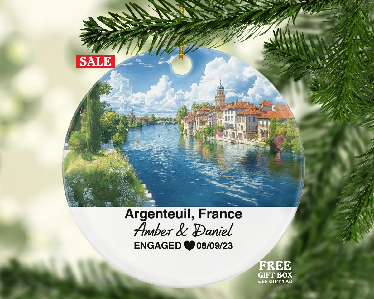 Personalized Argenteuil France Christmas Ornament, Seine River, Mr & Mrs Wedding, Engagement, or Honeymoon Keepsake for Couples
