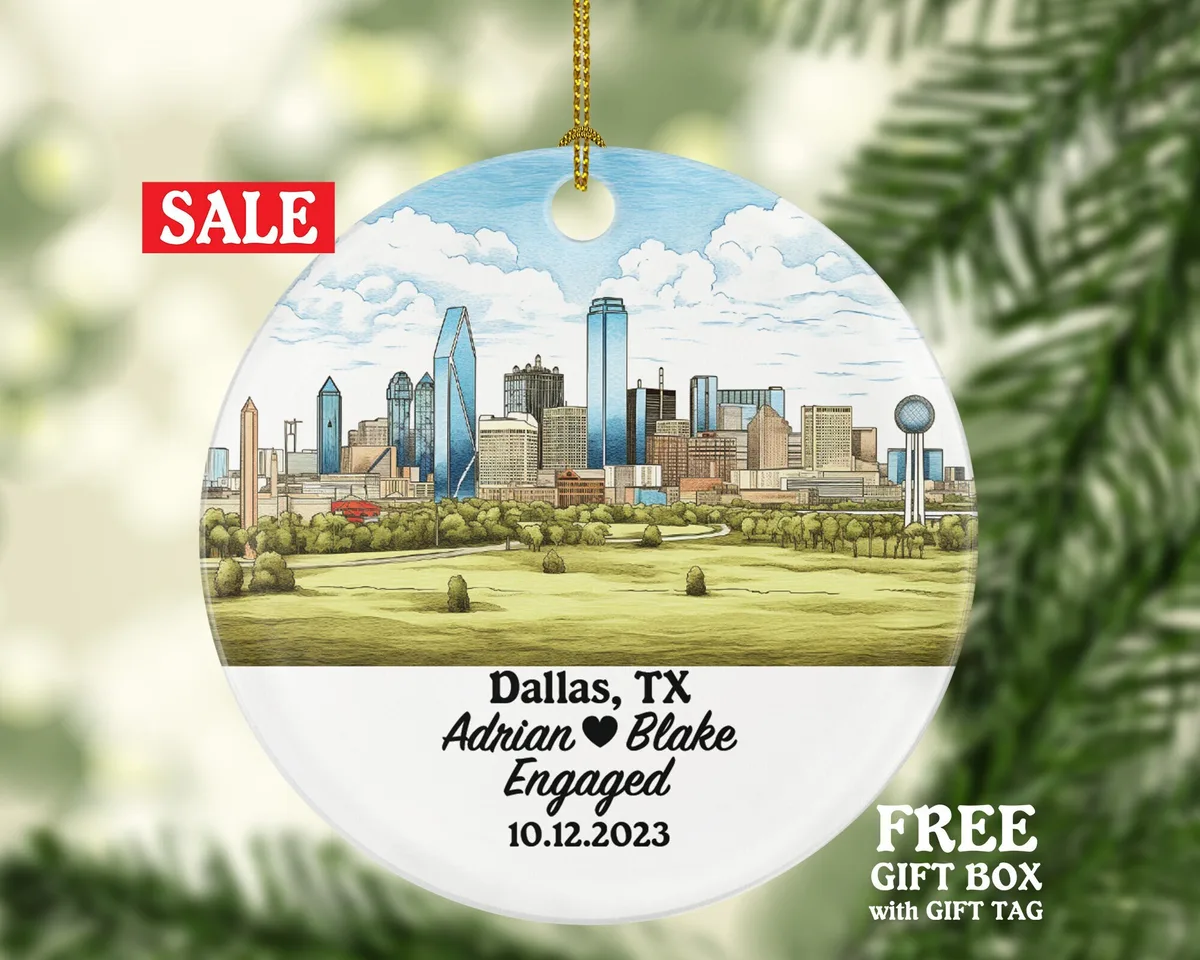 Dallas Texas Christmas Ornament - TX Engaged Married Family Together Couple Travel Honeymoon Wedding Engagement Marriage
