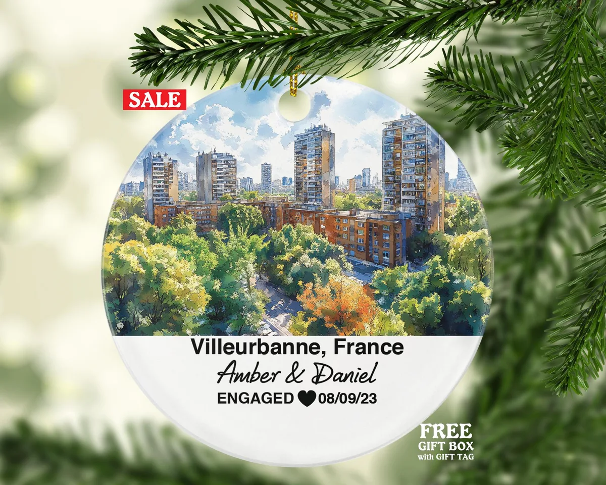 Personalized Villeurbanne France Christmas Ornament, Parc de la Tête d'Or, Modern Architecture, Mr & Mrs Wedding, Engagement, or Honeymoon Keepsake for Couples