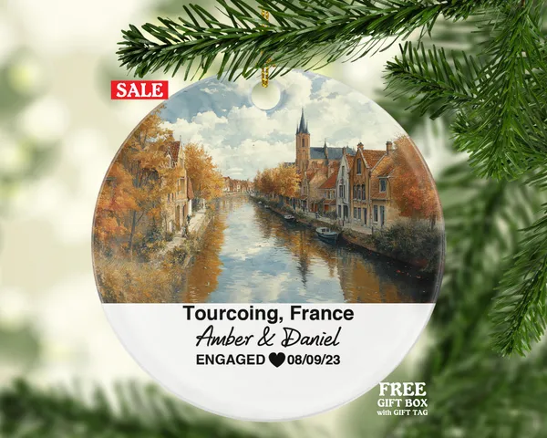 Personalized Tourcoing France Christmas Ornament, Historic Architecture, Vibrant Markets, Mr & Mrs Wedding, Engagement, or Honeymoon Keepsake for Couples