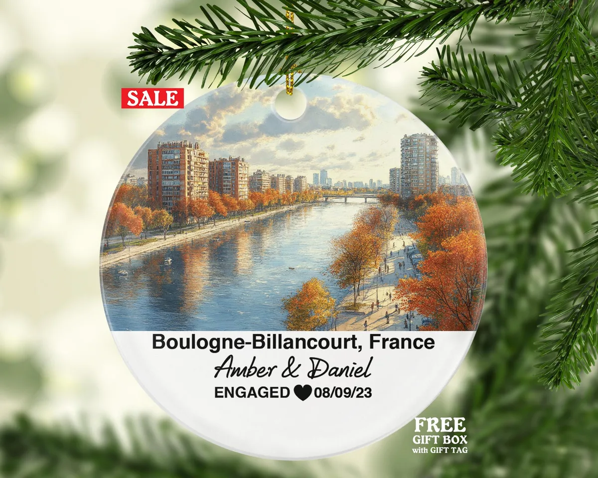 Personalized Boulogne-Billancourt France Christmas Ornament, Seine River, Mr & Mrs Wedding, Engagement, or Honeymoon Keepsake for Couples