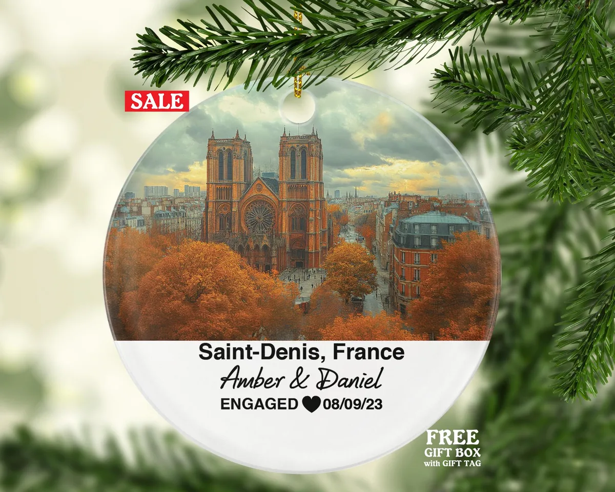 Personalized Saint-Denis France Christmas Ornament, Basilica of Saint-Denis, Stade de France, Mr & Mrs Wedding, Engagement, or Honeymoon Keepsake for Couples