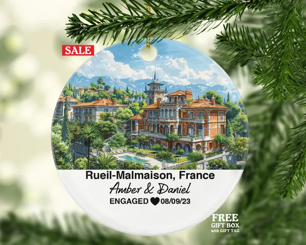 Personalized Rueil-Malmaison France Christmas Ornament, Château de Malmaison, Seine River, Mr & Mrs Wedding, Engagement, or Honeymoon Keepsake for Couples